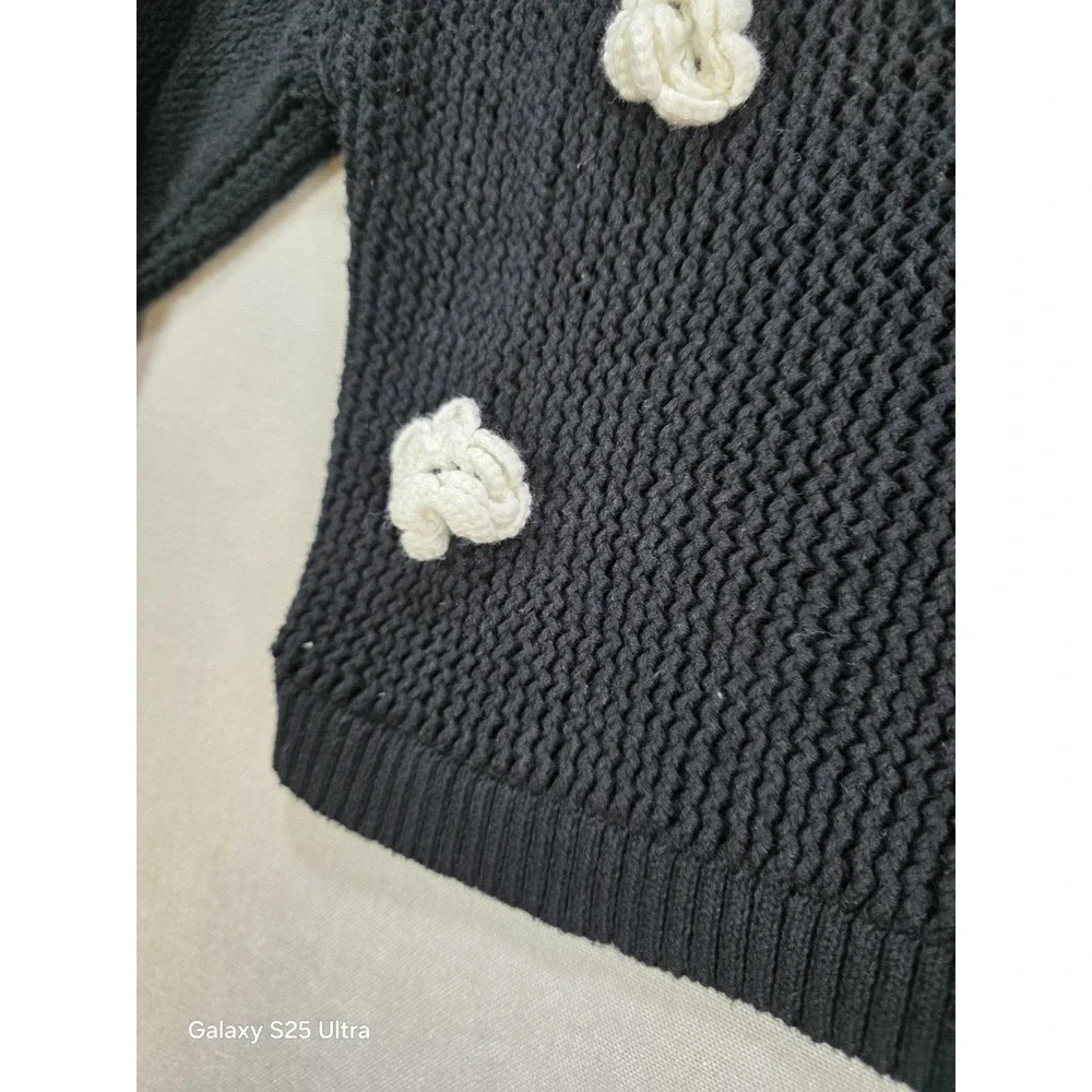 Old Navy Girls Black Sweater Medium 8 Loose Weave 3D‎ Pom Poms